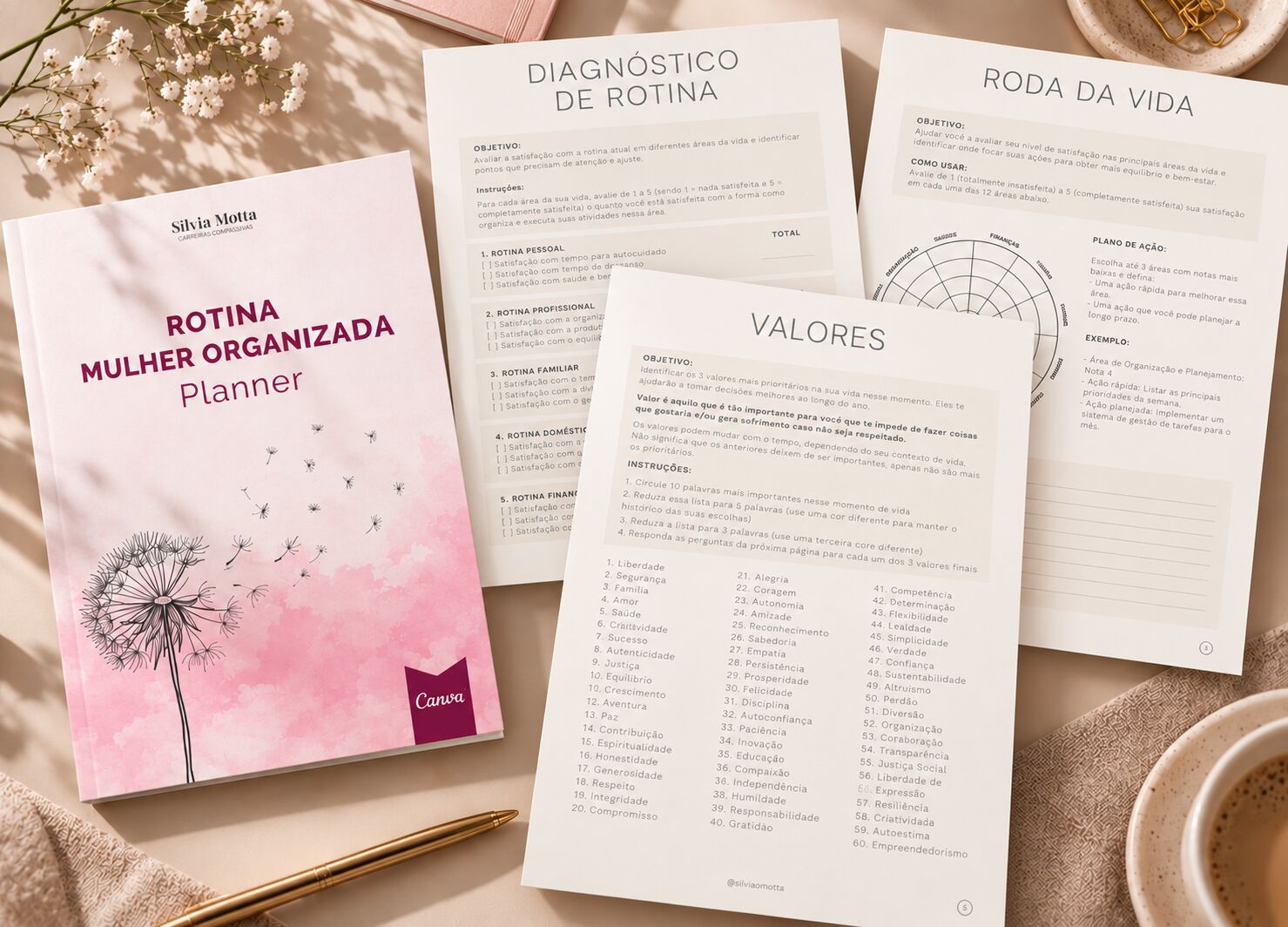 Páginas do Planner: Diagnóstico de Rotina, Valores e Roda da Vida