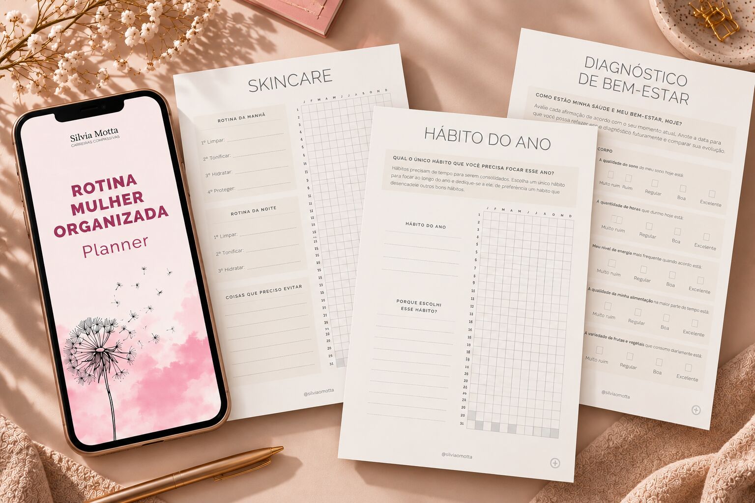 Páginas do Planner: Diagnóstico de Bem-estar, Hábito do Ano e Skincare