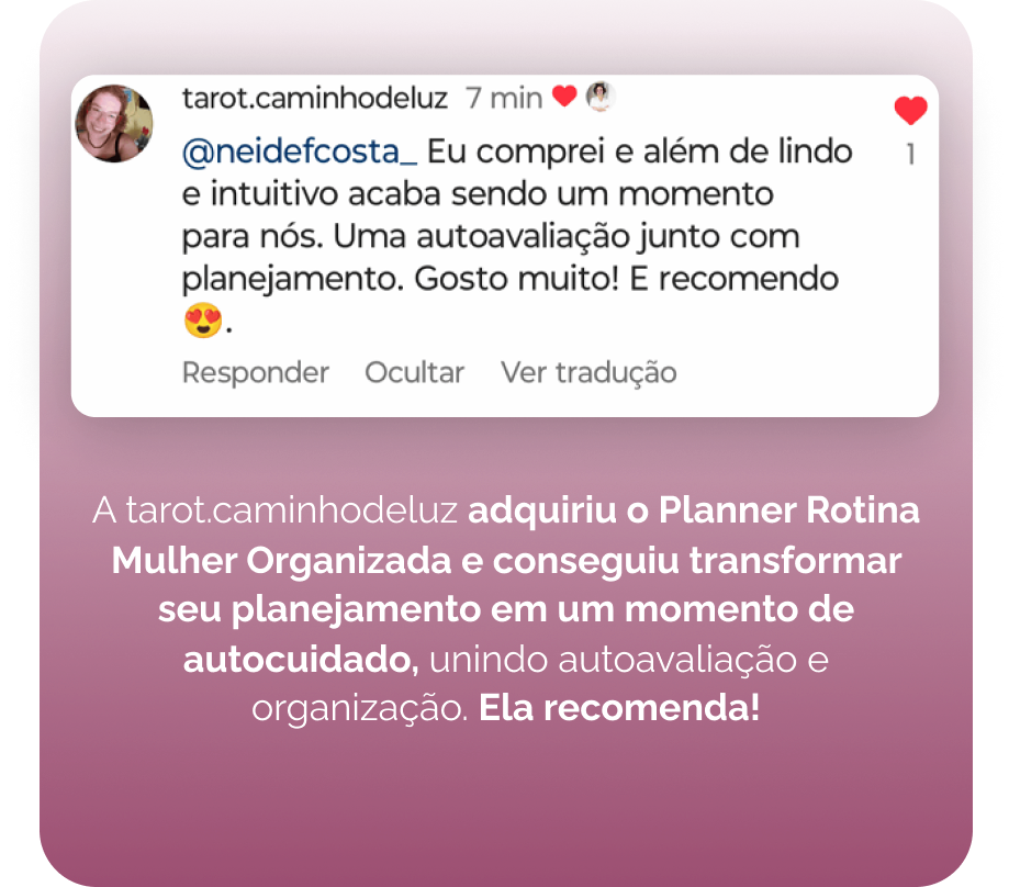 Depoimento: tarot.caminhodeluz recomenda o Planner Rotina Mulher Organizada